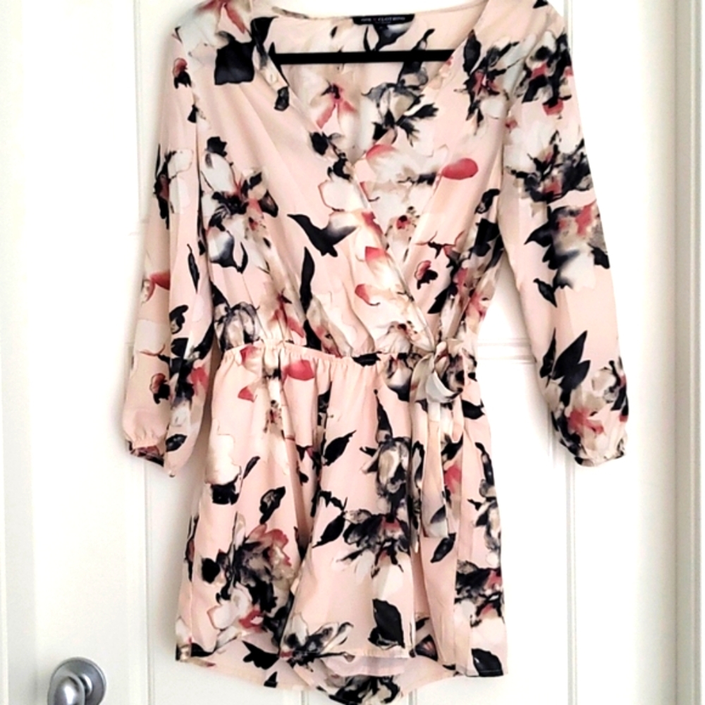 Satin Long Sleeve Floral Shorts Romper